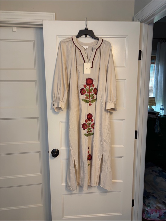 entro Dresses & Skirts - entro Cream Maxi Dress with Red Floral Embroidery